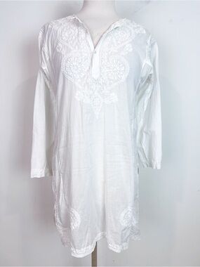 ALKA VORA WHITE EMBROIDERED SWIM BEACH COVER UP TUNIC DRESS MEDIUM